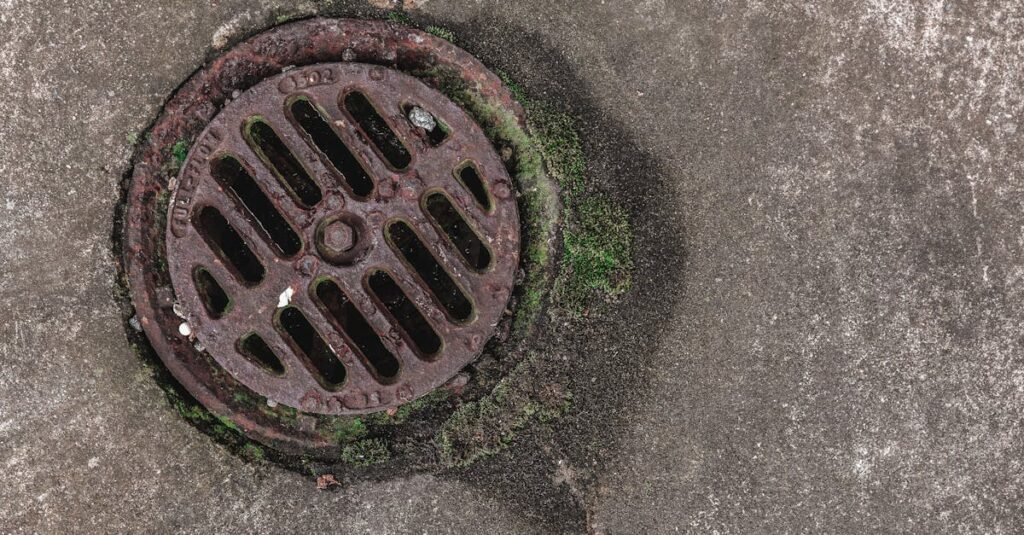 Close-up photo of a rusty drain grate with moss, offering a textured urban look.